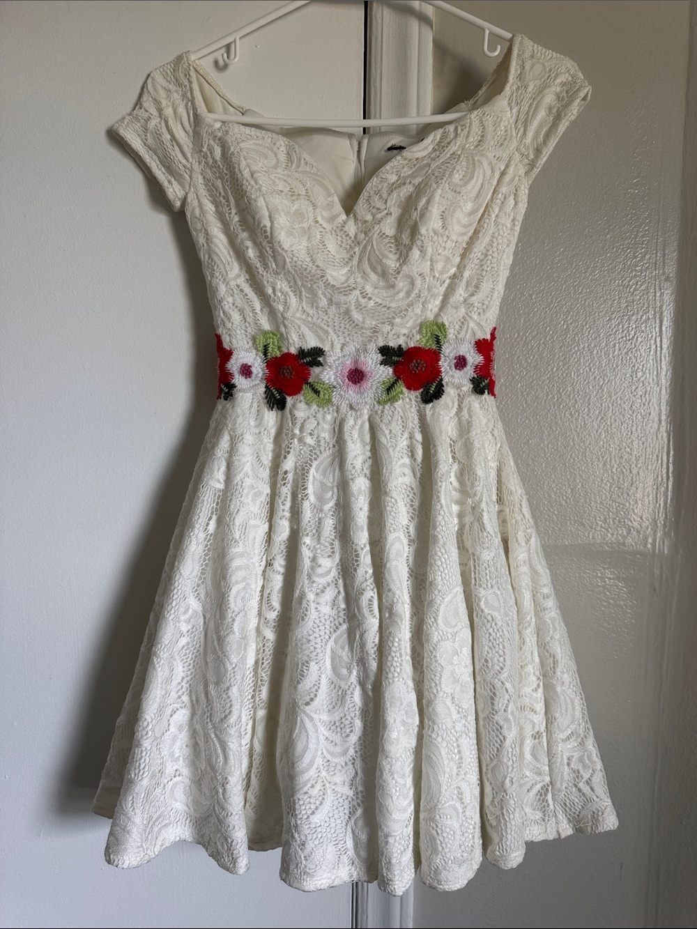 Floral-Waist Lace Fit & Flare Dress in Ivory